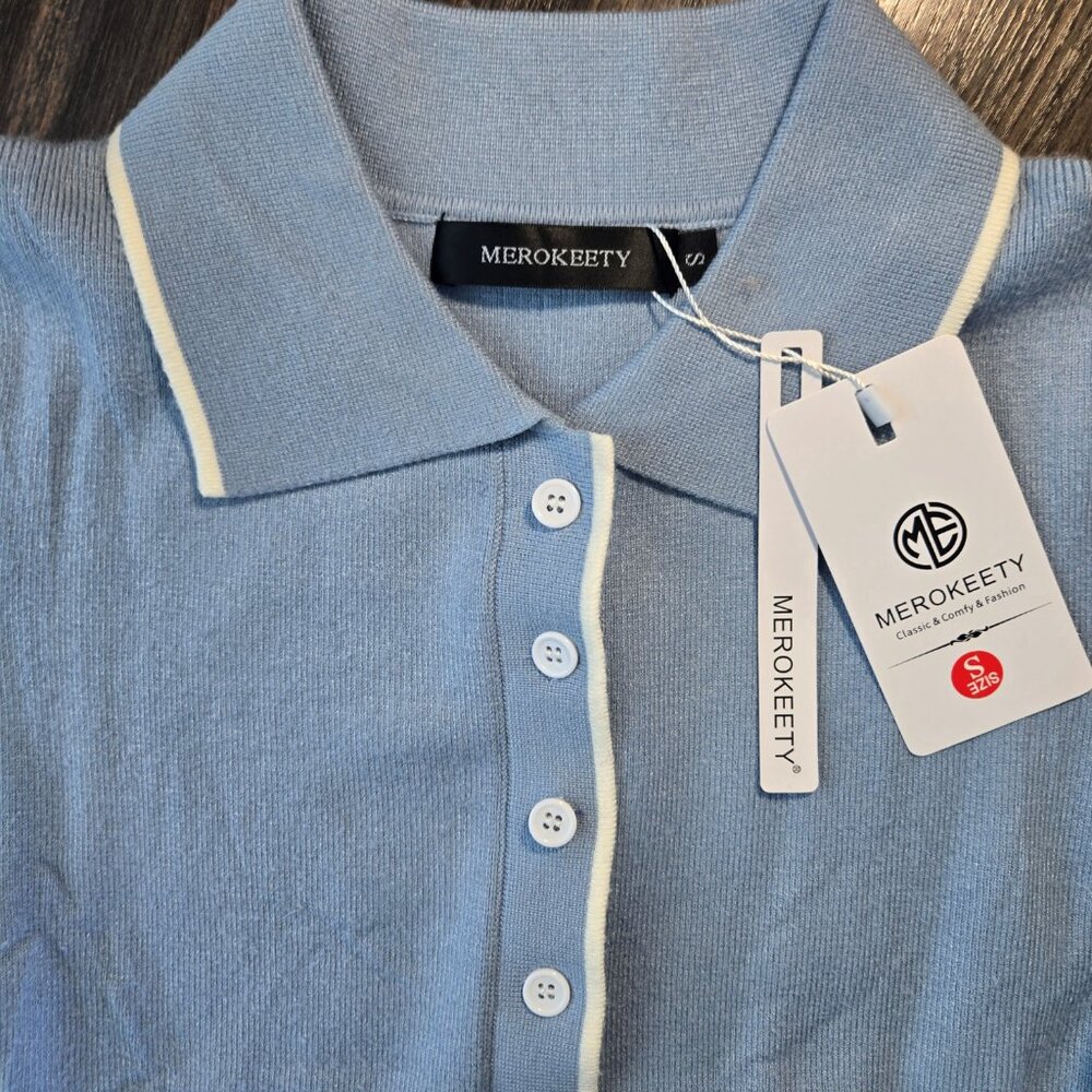 MEROKEETY Preppy Style Light Blue Fit & Flare Sweater Dress NWT/SIZE S - Picture 3 of 4